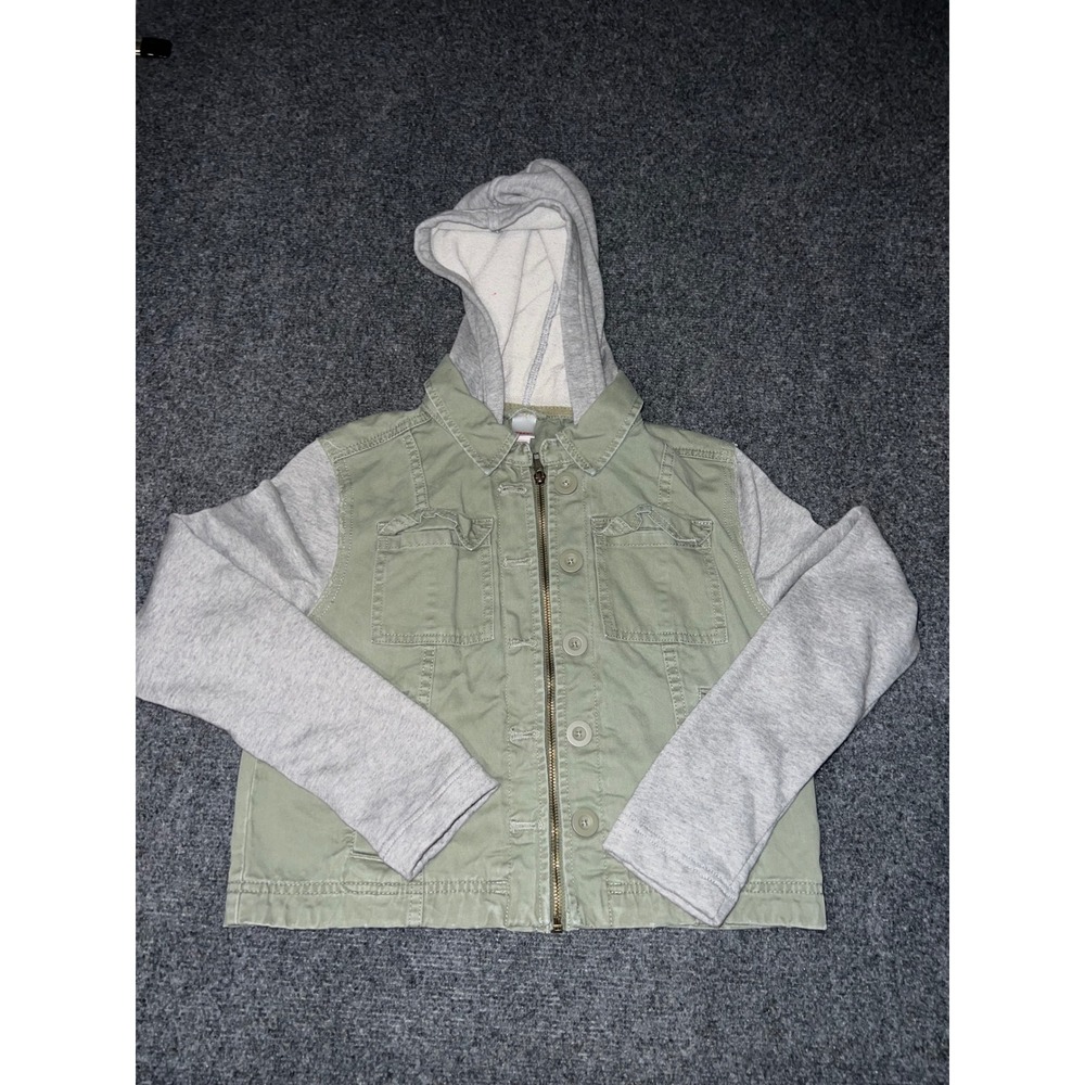 Bongo Girls Hooded Utility Jacket Size S Small Olive Green Gray Jersey Sleeves